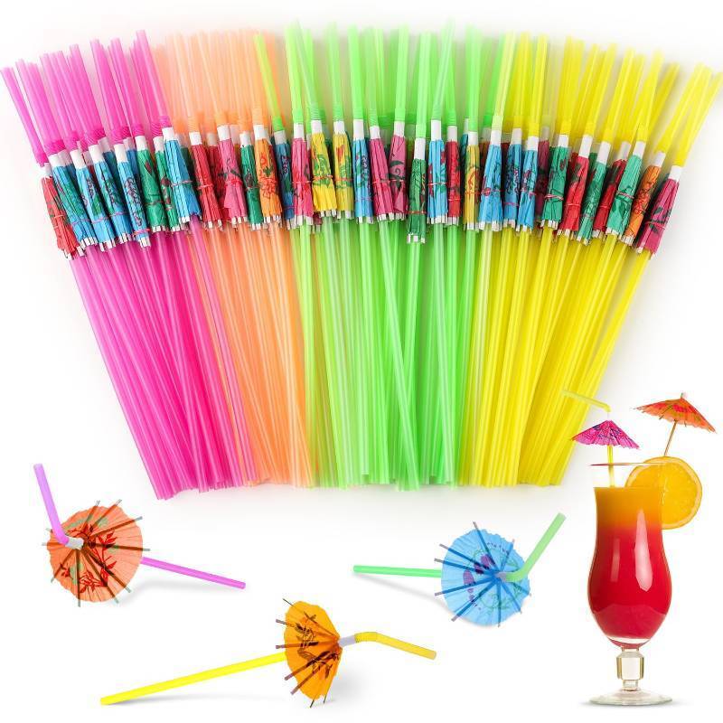 lot 72885 image: 50pc Umbrella Straws for Cocktails, Tropical Hawaiian Luau Party Decorations (Assorted Colors) - Retail $8