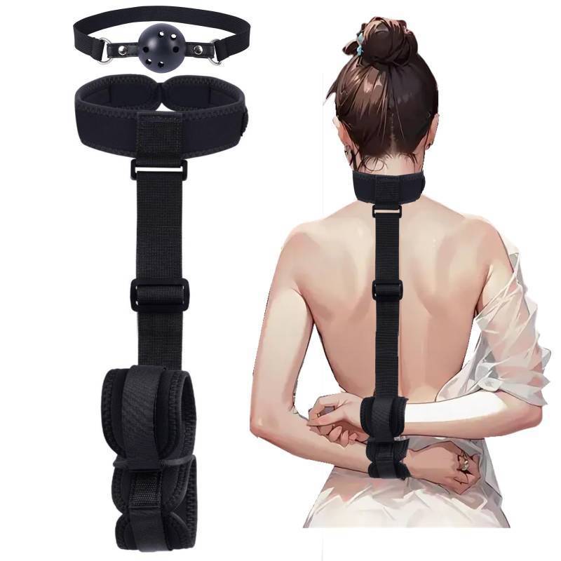 lot 17603 image: BDSM Bondage Neck to Wrist Restraints Kit with Ball Gag, Couples Sex Toys Adjustable Collar Back Sex Handcuffs Wrist Cuffs, Bed SM Games Bondage Gear Accessories for Couples, Roleplay & Bedroom Fun - Retail $10