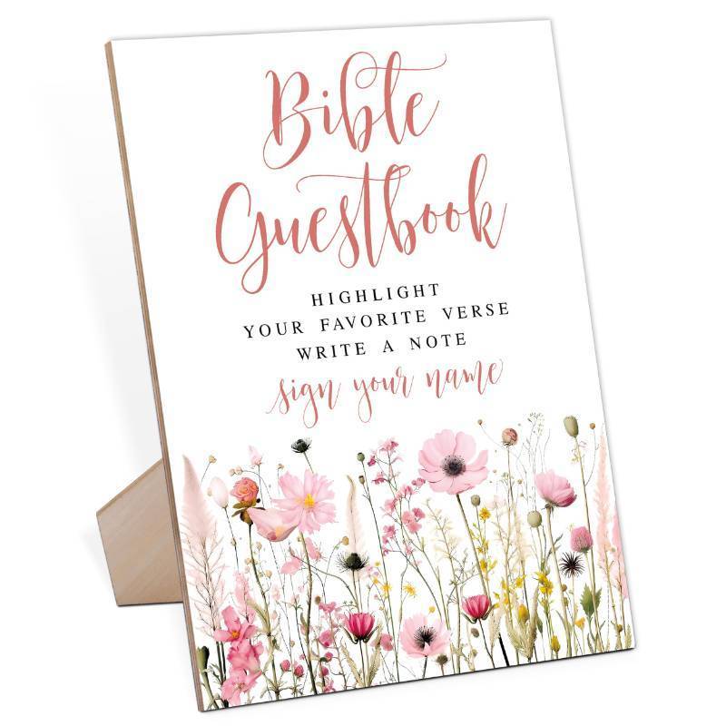 lot 17682 image: Wedding Bible Guest Book Sign, Pink Flower Style Wooden Sign With Stand, Guest Book Alternative, Bridal Shower Centerpieces For Tables, Wedding Reception Decorations, Engagement Party Decoration-17 - Retail $12