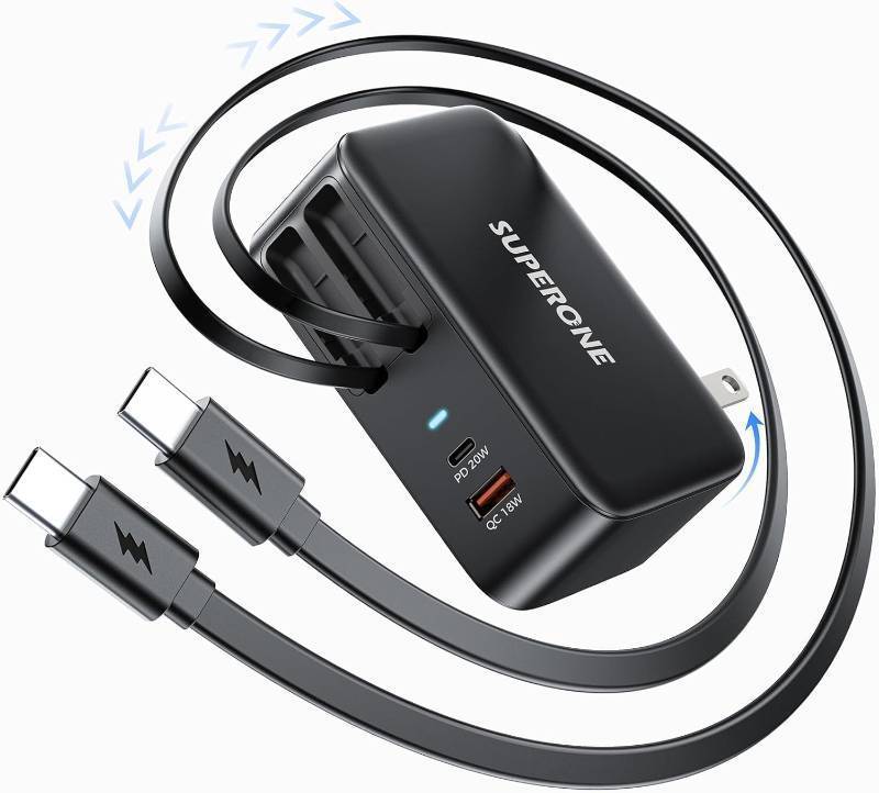 lot 17686 image: 4 in 1 Retractable Wall Charger with Dual USB C Cables, 78W Fast Charging iPhone 17 Retractable USB C Charger with Dual Ports for iPhone 17 Pro Max1615141312, Pad, Galaxy, Pixel - Retail $28
