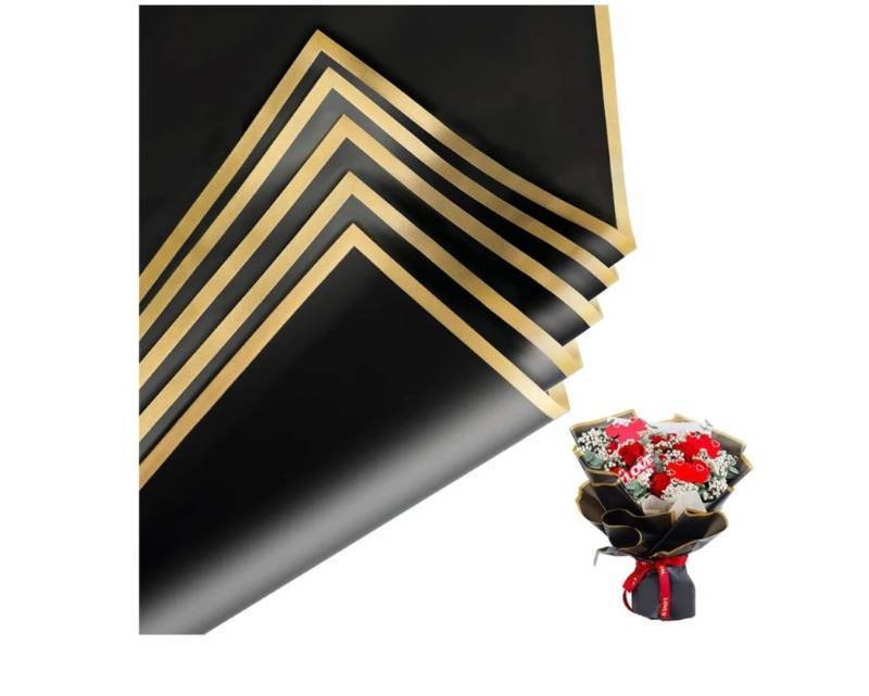 lot 17740 image: 20 Sheet 22.8x22.8 Inch Flower Wrapping Paper - Waterproof Floral Bouquet Wrapping Paper for Wedding Birthday Gift DIY (Black  Gold Edge) - Retail $8