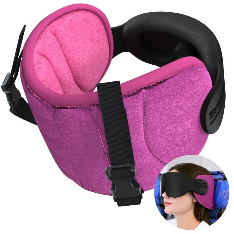 lot 28098 image: Travel Pillows for Airplanes, Airplane Pillow for Long Flight, Airplane Head Strap with Eye Mask for Sleep, Travel Neck Pillow for Car Road Trip, 360° Support Headrest, Stop Bobblehead, Pink - Retail $20