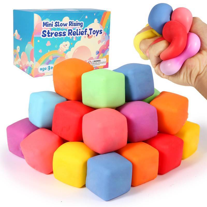 lot 28121 image: 24 Pack Slow Rising Stress Cube , Dough Stress Balls Soft Fidget Squishy Toys for Anxiety Relief, Pull Stretch Classroom Prize Party Favors Toys for Kids - Retail $20