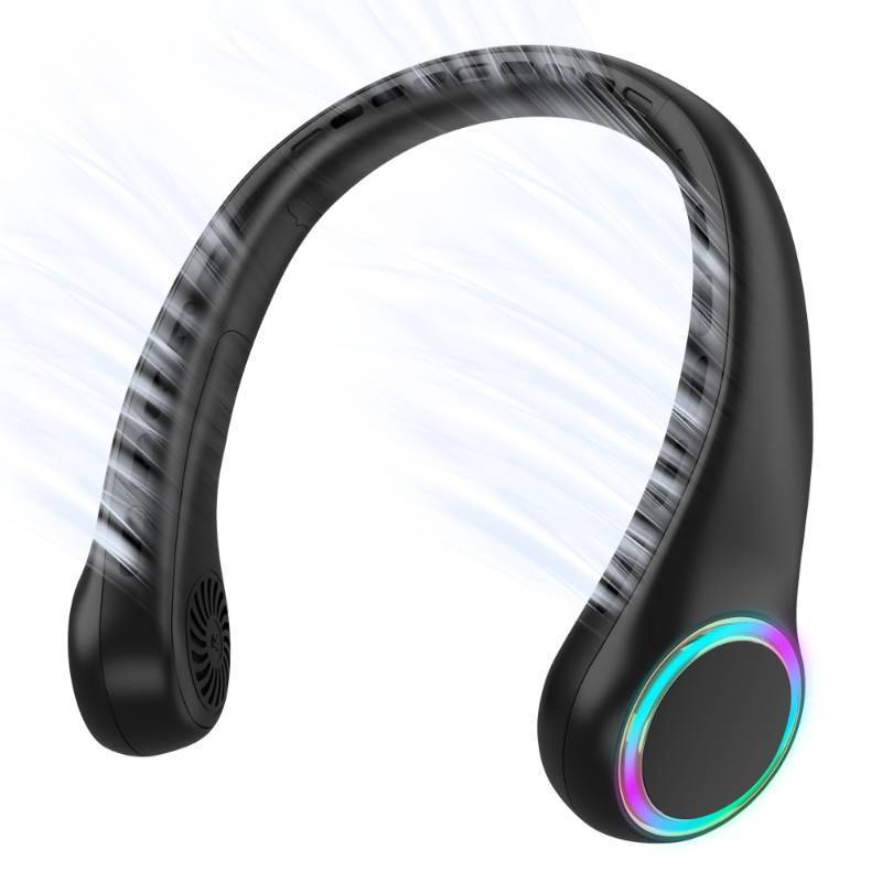 lot 28128 image: Neck fan, Portable Fan with 5-17H Lifespan, 4000mAh Neck fan air conditioner with 3 Adjustable Speeds and 64 Cool Lights, Rechargeable Neck Fan, Hands-Free Cooling fan for Summer (Black) - Retail $25
