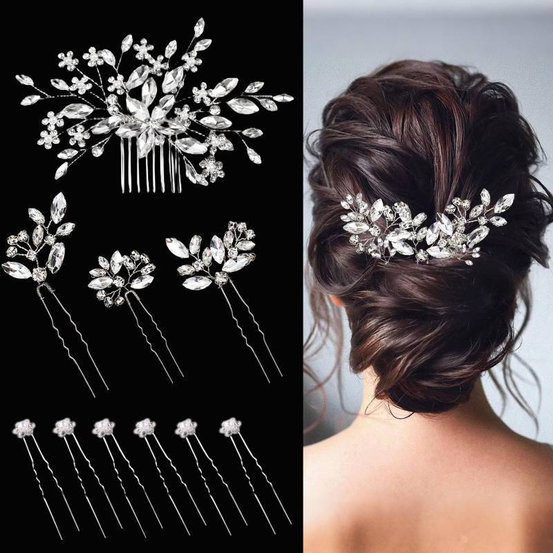 lot 28129 image: 10 pcs Bride Hair Pins Rhinestone Bridal Hair Piece for Women Crystal Hair Accessories for Bride Bridesmaids Flower Girls(Silver Classic) - Retail $15