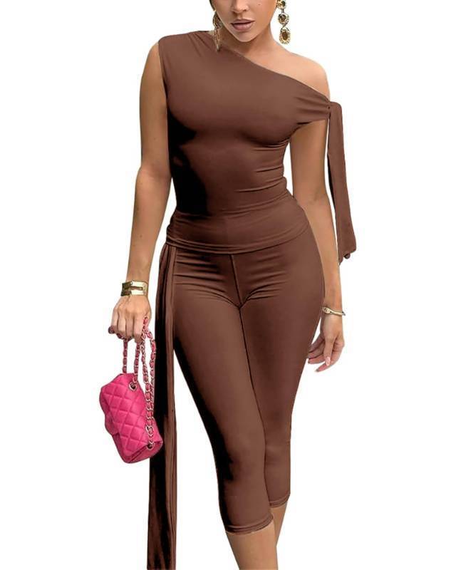 lot 28132 image: Two Piece Sets for Women Workout Set Sleeveless Off Shoulder Casual Crop Tops Bodycon Capri Pants Sets Sweatsuits Brown M - Retail $37