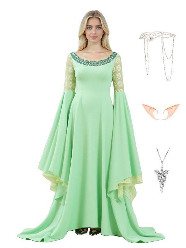 lot 28204 image: Arwen Costume for Women Queen Dress with Headpiece Elf Halloween Cosplay Medieval Renaissance Dress Gown M Green - Retail $60