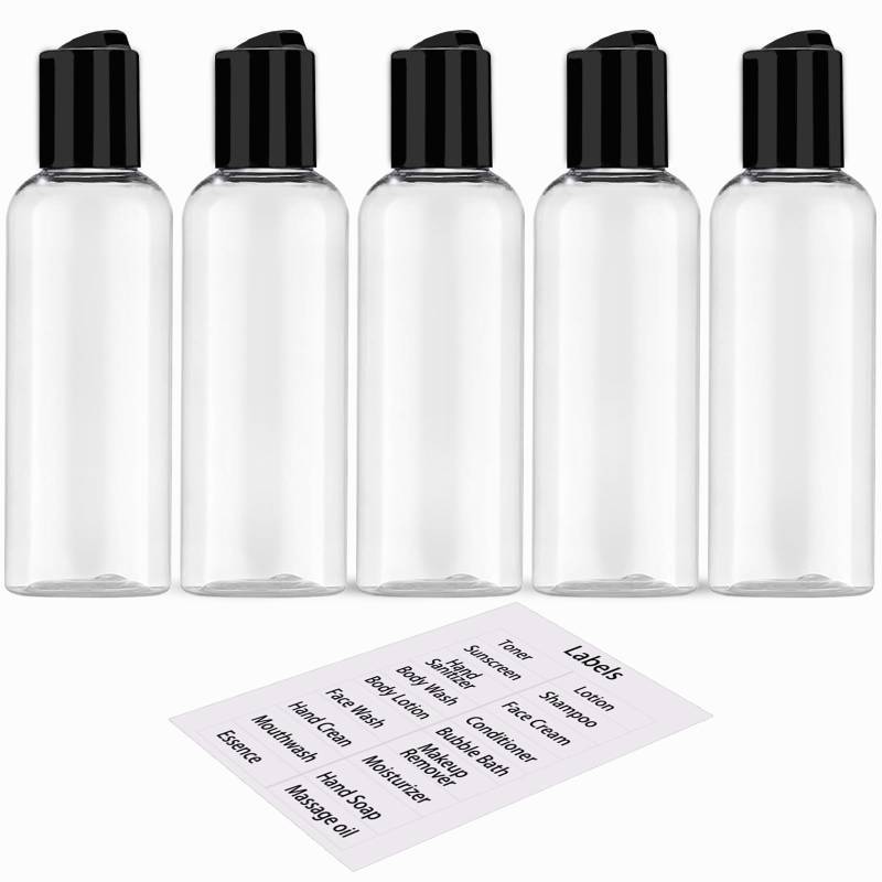 lot 28212 image: 4 Pack 3.4 oz Travel Bottles for Toiletries TSA Approved Leakproof Plastic Empty Travel Size Bottles Containers with Labels - Retail $6