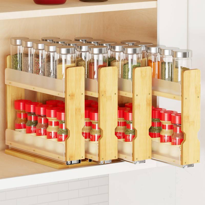 lot 38347 image: Bamboo Pull Out Spice Rack Organizer for Cabinet, Heavy Duty Slide Out Seasoning Kitchen Pantry Sliding Vertical Organization, 10.1 Wide, 4 Drawers(2 Wide), 2-Tier, Natural - Retail $60