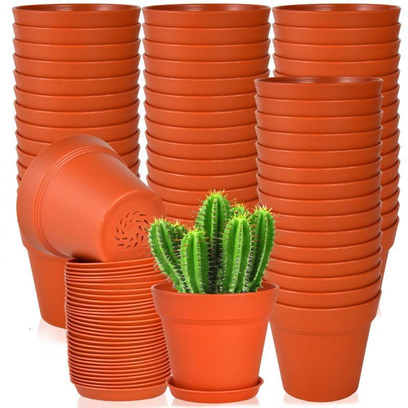 lot 38376 image: June Fox 60 Pack Small Plant Pots Indoor 4 Inch Plastic Planter with Drainage Holes and Saucers Premium Terracotta Pots Bulk for Succulent, African Violets, Flowers, Seed Starting - Retail $23