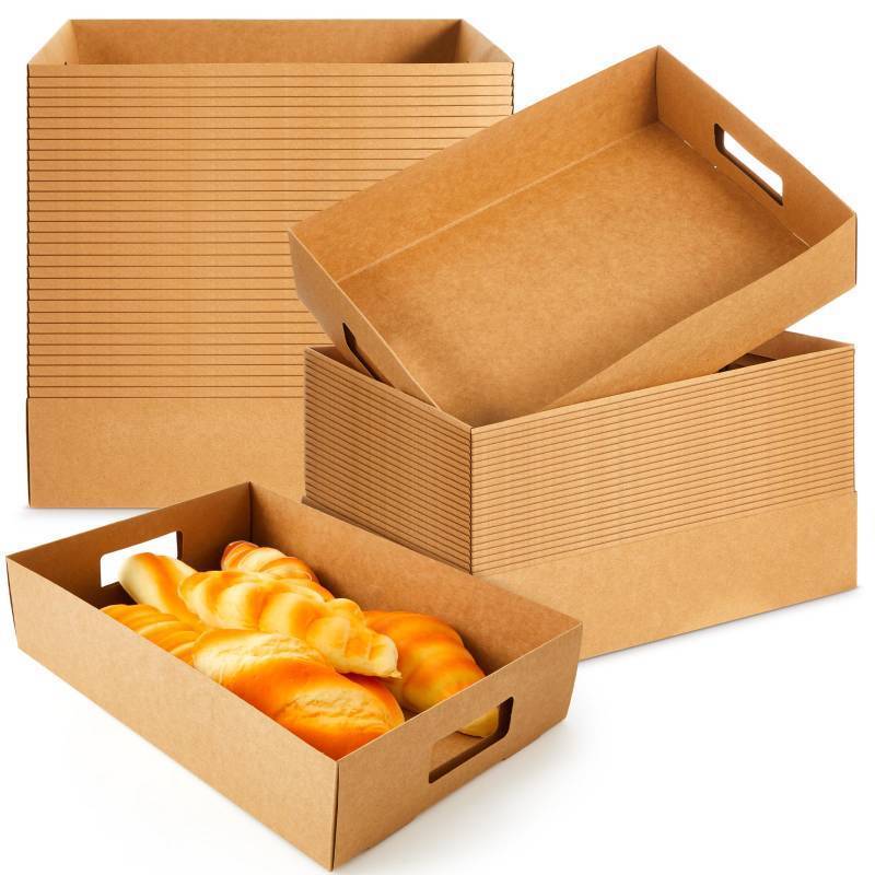 lot 38379 image: 50 Pack Kraft Cardboard Food Trays Sturdy Disposable Cookie Serving Platters for Parties Paperboard Crate, Dessert Display Tray, Gift Giving, Christmas, Weddings(Brown,13 X 9 X 3) - Retail $40
