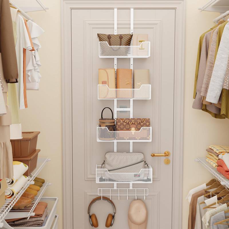 lot 38391 image: Purse Organizer Over the Door,Adjustable Metal Purse Holder Handbag with 5 Hooks, Purse Organizer for Closet, Bathroom Door Organizer,White - Retail $33