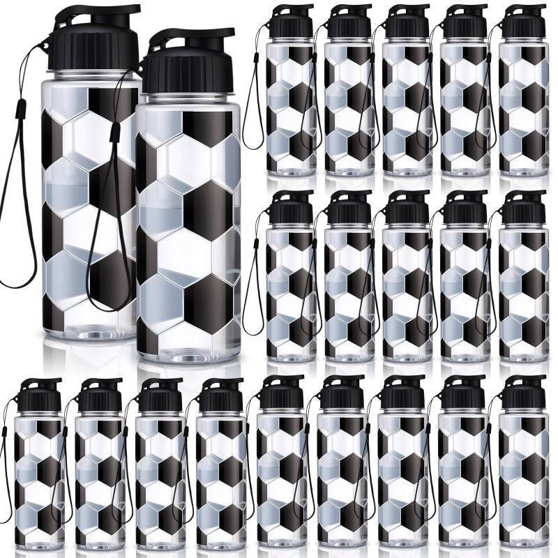 lot 38393 image: 20 Pieces Sports Water Bottle Bulk 17 oz Reusable Plastic Biking Water Bottle Tumbler Adults Reusable Large Bottles with Leak Proof Flip Top for Party Outdoor (Soccer,Black and White) - Retail $39