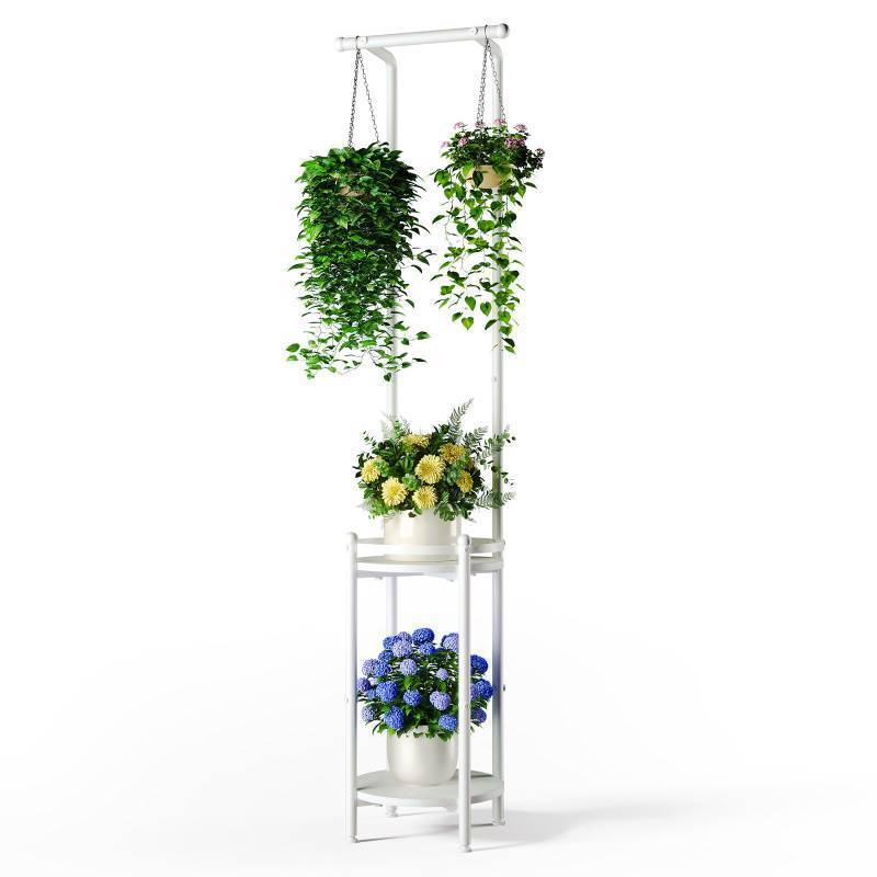 lot 38400 image: Plant Stand Indoor Outdoor - Heavy Duty Metal 2-tier Hanging Plant Holder Space-Saving Iron Plant Stands Tall Plant Shelf for Living Room Garden Balcony (White) - Retail $32
