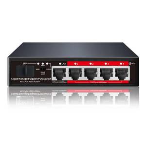 lot 58751 image: Poe Switch, 5 Port Gigabit PoE Switch, Easy Managed Gigabit Ethernet Switch, 4 Poe Ports 52W, 1 Uplink Ports, 1 SFP Slot, APP Smart Managed, Overload Protection w Port - Retail $29