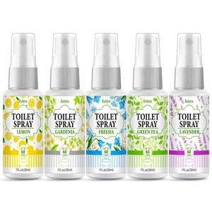 lot 58752 image: Toilet Spray, Bathroom Odor Eliminator, Each 1 Fl Oz Travel Size, Air Freshener Spray for Bathroom Deodorizer, 5 Pack Travel Essentials - Lemon, Gardenia, Freesia, Green Tea, Lavender - Retail $13