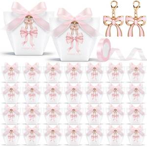 lot 58754 image: 30 Sets Pink Bow Favor Set Pink Bow Thank You Gift Bags with Ribbon and Bows Keychain Cute Coquette Candy Treat Bag Keychain Set for Wedding Birthday Baby Shower Valentines Day Party Supplies - Retail $16
