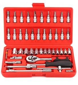 lot 58769 image: Household Tools Kit, 46 Pcs Ratchet Wrench Socket Bolt Driver Sets with Plastic Toolbox for Home, College and Automobile (red) - Retail $10
