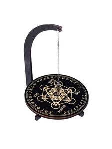 lot 58770 image: Magnetic Pendulum Board with Stand, Witchcraft Altar Decor for Divination & Meditation, Wooden Dowsing Pendulum Display with Magnetic Swing (Metatrons Cube) - Retail $22