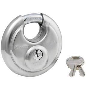lot 58792 image: Master Lock Padlock, Stainless Steel Discus Lock, 2-34 in. Wide, 40DPF, Silver - Retail $12