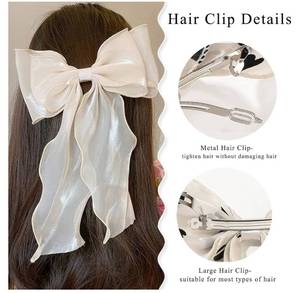 lot 58794 image: Large Hair Bow Clips for Women, Beige Bow Hair Barrettes with Long Tail French Hair Ribbon Clips Hair Accessories for Girls (Beige) - Retail $7