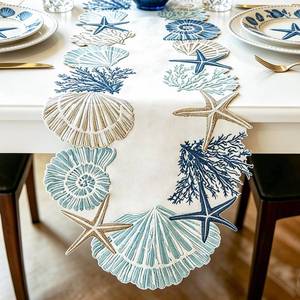 lot 58808 image: 13x72 Inch Embroidered Table Runner Seashell Starfish Conch Cutwork Embroidered Table Runner Rustic Nautical Farmhouse Table Decorations for Home Kitchen Dining Table (Summer Beach) - Retail $7