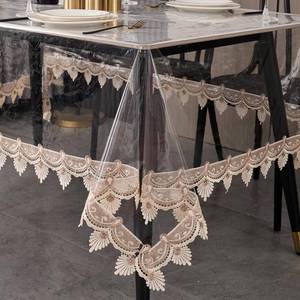 lot 58809 image: Clear Tablecloth Protector, 0.15mm Heavy Duty Waterproof Vinyl Table Cover with Elegant Lace Trim, Crystal Clear Oilproof Wipeable Reusable Rectangle Tablecloths for Dining Table, 60 x 120 Inch - Retail $24