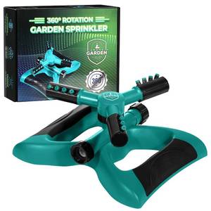 lot 58821 image: Joeys Sprinkler for Yard, Rotating Garden Sprinkler with 3 Adjustable Arms, Weighted Base, Expandable Connection, Lawn and Yard Sprinklers (Green) - Retail $21