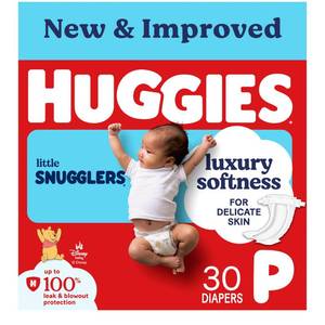 lot 58824 image: Huggies Newborn Diapers, Little Snugglers Baby Diapers, Size Preemie (up to 6 lbs), 30 Count - Retail $10