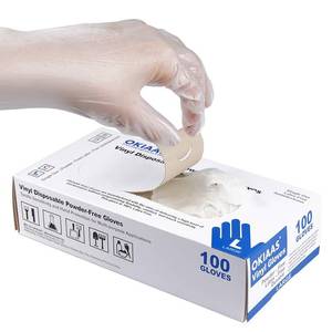 lot 58825 image: Disposable Gloves M, Food Safe  Latex-Free and Powder-Free Clear Vinyl Gloves for Cooking, Food Prep, Household Cleaning  Medium,100 CountsBox - Retail $10