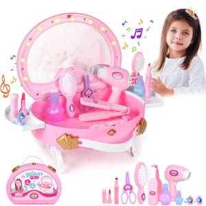 lot 58826 image: Little Princess Toddler Vanity Set, Portable Makeup Kits with Lights and Music & Real Mirror & Multiple Accessories, Best Birthday Christmas Festival Gift for Girls 3-7 Year Old Toddlers 1-3 - Retail $20