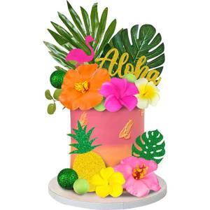 lot 58858 image: 18 PCS Hawaiian Flower Cake Toppers Summer Flamingo Pineapple Cake Decoration with Palm Leaves and Hibiscus Flower for Aloha Themed Party Supplies - Retail $13