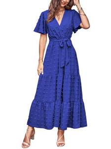 lot 58862 image: Swiss Dot Dress for Women 2026 Long Flowy Spring Wedding Guest Wrap V Neck Flutter Sleeve Boho Maxi Dresses(Royal Blue,Medium) - Retail $46