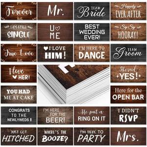 lot 58880 image: 24 Designs Rustic Wedding Photo Booth Props Double Sided 11x5.5 Inch Photo Booth Props Vintage Marriage Parties Decor Anniversary Wedding PVC Selfie Signs for Engagement Bridal Party Supplies - Retail $20