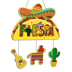 lot 58881 image: Decor Cinco de Mayo Wood Door Sign Mexican Fiesta Hanging Welcome Decor Wooden Plaque Wall Porch Sign Taco Sombrero Guitar Cactus Donkey Mexican Holiday Party Decorations for Cinco de Mayo - Retail $8