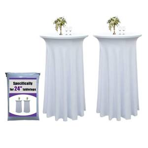 lot 58898 image: 2-Pack 24x43 White Round Cocktail Table Skirts  Stretch Spandex Fitted Tablecloths  Stain-Resistant, Wrinkle-Resistant, and Machine Washable for Bars, Weddings, Parties, and Banquets - Retail $31