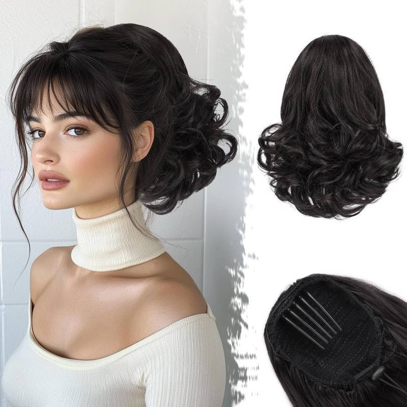 lot 38462 image: Drawstring Ponytail Extension - 10 Inch Short Wavy Black Brown Ponytail Extensions for Women - Synthetic Comb Clip in Ponytail Hairpieces Fake Pony Tails Daily - Black Brown - Retail $18