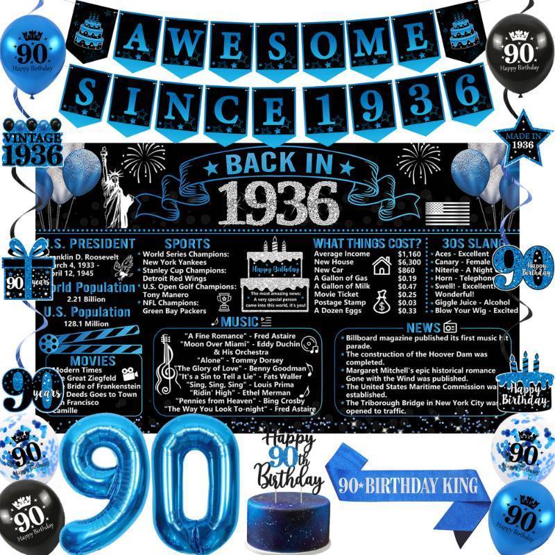 lot 38463 image: Back in 1936 Birthday Decorations for Men, 20PCS Black Blue 90th Birthday Party Supplies, Blue Back in 1936 Poster Banner, Sash, 90th Cake Topper, Latex Balloon, 90 Year Old Set - Retail $20