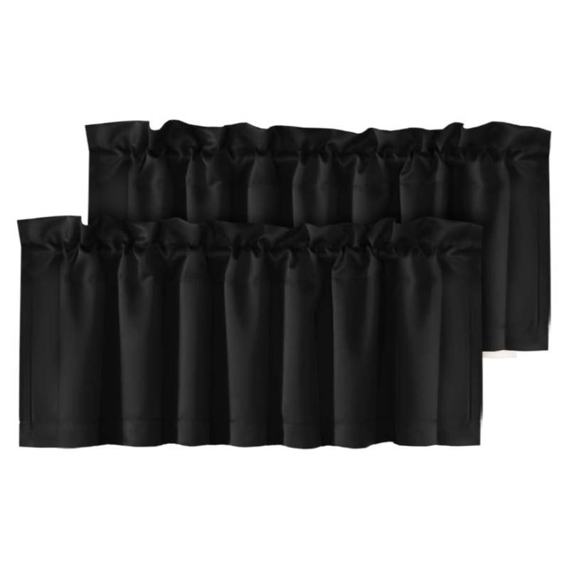 lot 38476 image: Blackout Valances for Window, Black Kitchen Valances Curtains for Living RoomBedroomBathroom Short Window Privacy Decorative Rod Pocket 2 Packs, 52 W x 18 L, Black - Retail $18