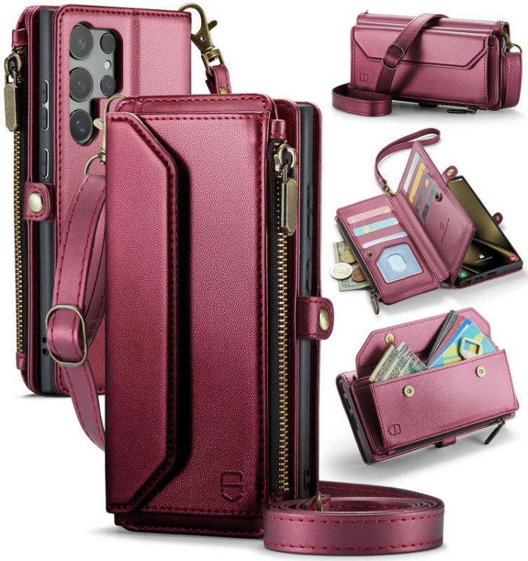 lot 38518 image: Wallet Case Compatible with Samsung Galaxy S25 Ultra 5G RFID Blocking 10-Card Holder Soft PU Leather Magnetic Snap Strap Zipper Pocket Phone Case Fit for Galaxy S25 Ultra - Wine Red - Retail $30