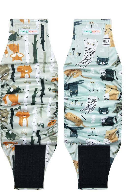 lot 38520 image: Male Belly Bands for Dogs (Pack of 2) - High Absorbing Dog Wraps Male Washable - Reusable Dog Diapers (Fox,Cat, Small) - Retail $13