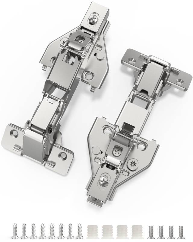 lot 38529 image: 2 Pack 165 Degree Soft Close Kitchen Corner Hinges, Lazy Susan Cabinets, Face Frame, Clip On Plate for Easy Installation, Hidden Face Mount, 3D Concealed Slow Self Closing for Folding Cupboard - Retail $20