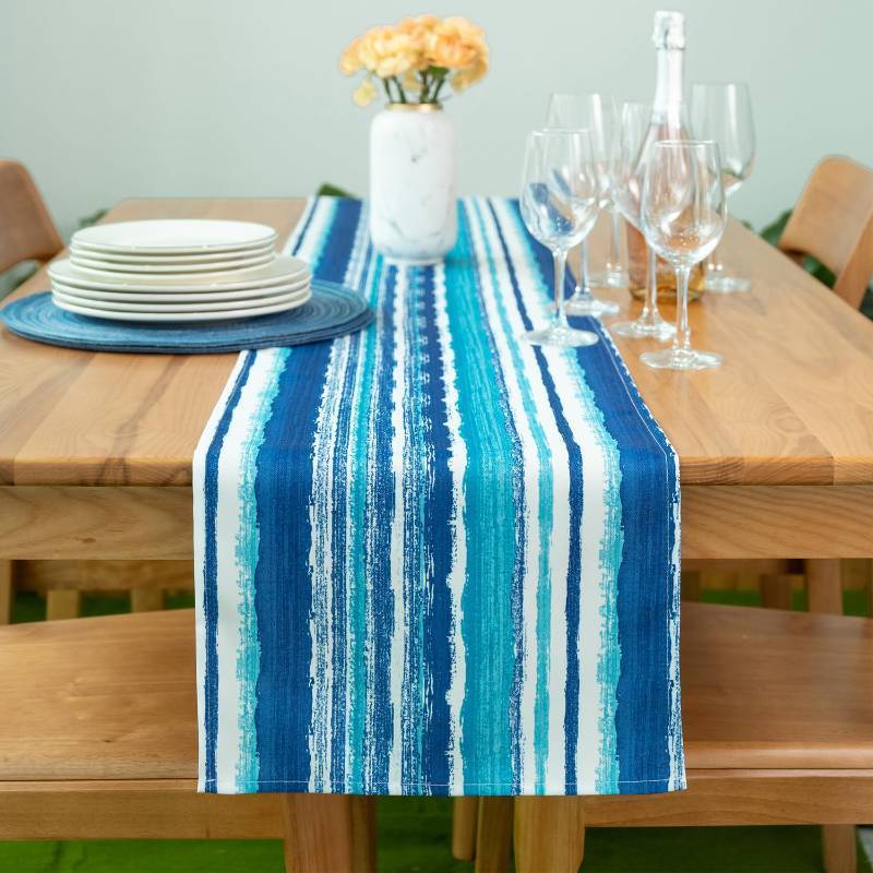 lot 38539 image: Indoor Outdoor Tabletop for Spring Summer Decorations, Picnics and Dinner Parties - Stain and Water Resistant, Crayon Art (Ocean), Table Runner, 14 x 108 - Retail $8