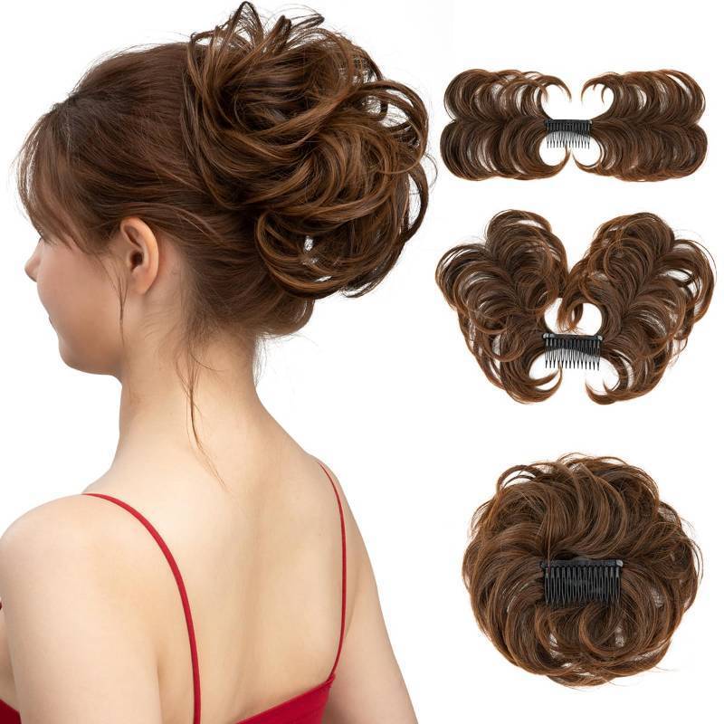 lot 38569 image: Messy Bun Hair Piece Side Comb Clip in Hair Bun Hairpiece for Women Short Natural Straight Versatile Adjustable Styles Easy Hair pieces (Ginger Brown and Light Auburn Tips-C) - Retail $10