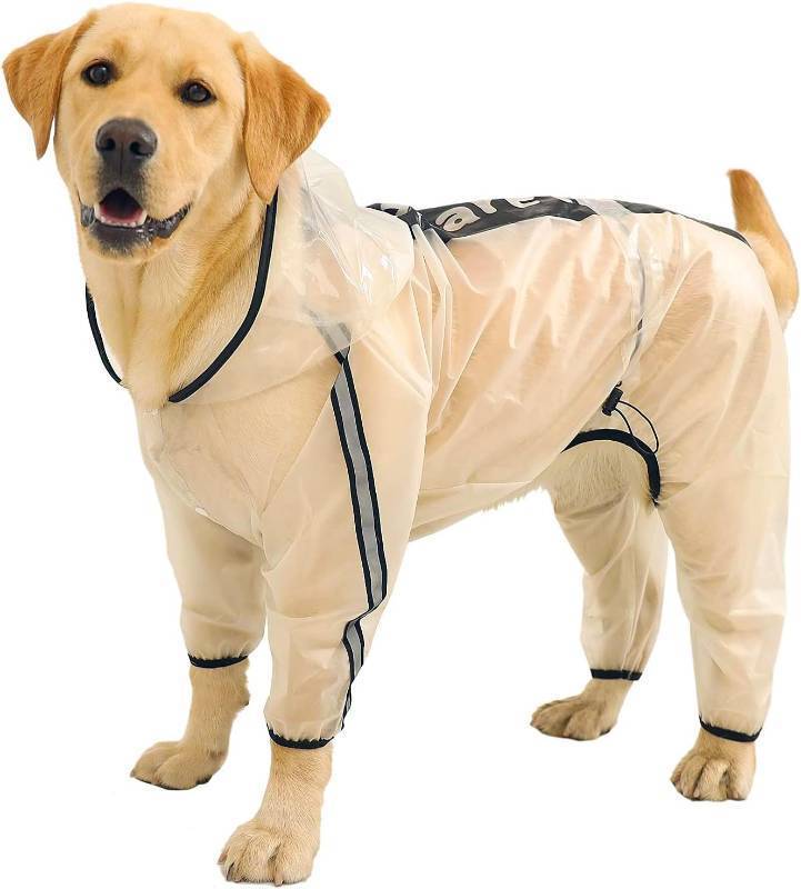 lot 38594 image: Dog Raincoat, Dog Hooded Slicker Poncho, 4 Legs Rain Jacket with Reflective Stripe, Transparent Water Proof Resistant Rain Snow Clothes for Small Medium Large, 2XL  - Retail $19