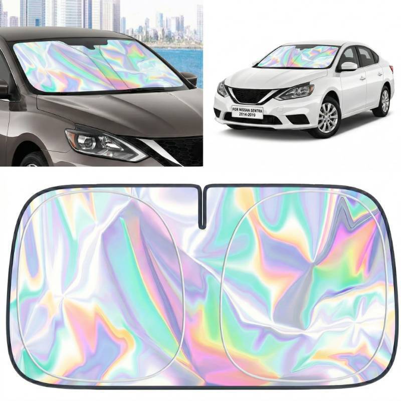 lot 38596 image: Nissan Sentra 2014-2019 Windshield Sun Shade - Foldable Windshield Cover Sun Shade for Sentra Accessories Protect Car from Sun Rays Overlapping UV Reflective Window Sunshade - Retail $9