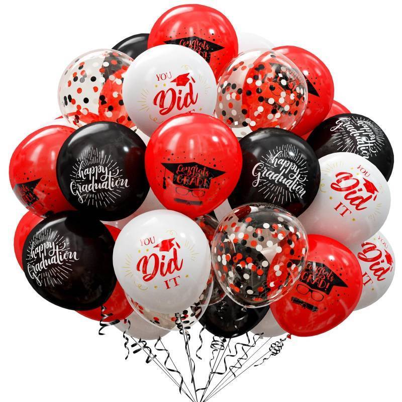 lot 38597 image: 75 Pack Graduation Party Decorations Balloons Set - 12 Inch Black Red Confetti Grad Balloons with Ribbons for Graduation Party Decoration Supplies - Retail $6