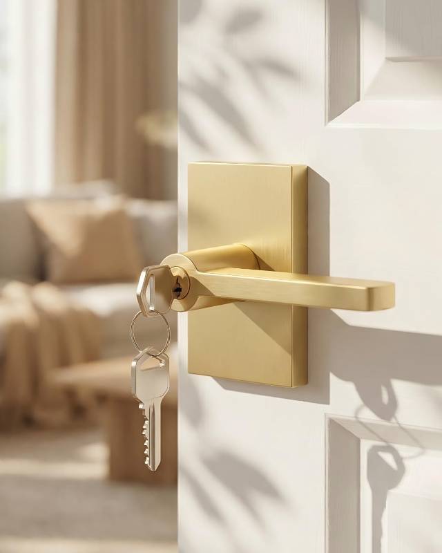 lot 38602 image: Brushed Gold Entry Door Handle with Lock and Key, Heavy Duty Zinc Alloy Gold Exterior Door Handle for Front Doors, Keyed Door Levers with Reversible LeftRight Hand, 1 Pack - Retail $36
