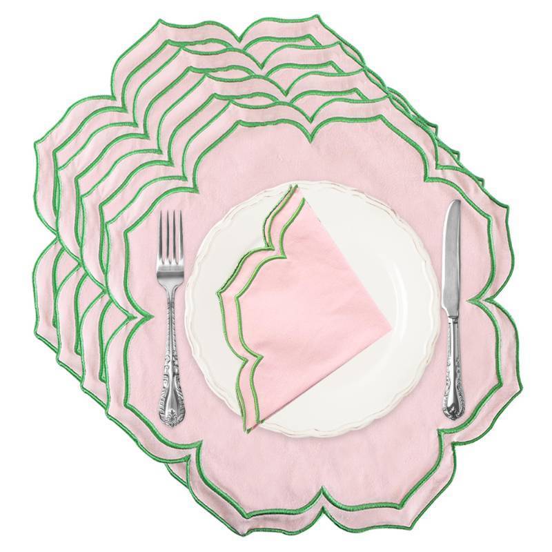 lot 38645 image: Flower-Shaped Placemats Set of 4, Double Embroidered Edge15-inch Scalloped Cotton Round Cloth Table Mats for Table Settings, Mothers Day, Anniversaries, Weddings (Round Pink with Green Trim) - Retail $23