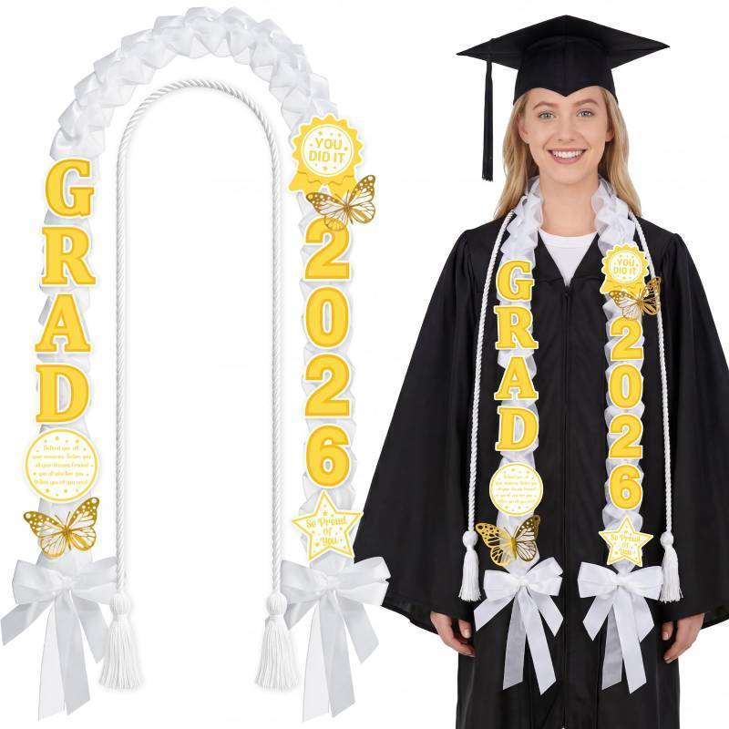 lot 72950 image: 2026 Graduation Lei Set, White Braided Graduation Ribbon Necklace Lei with Honor Cord Gold Butterfly Glitter Letter Bow Decoration DIY Kit for College High School Graduate Gift - Retail $20